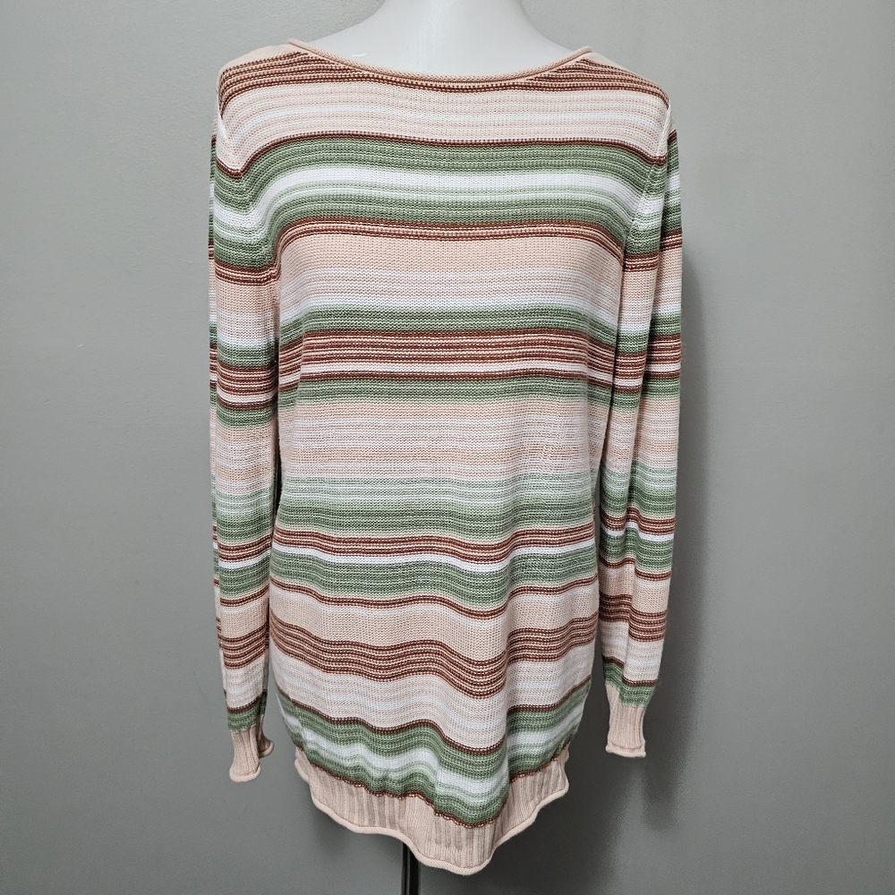Denim&Co Rust Sage Stripes Boatneck Sweater Size Small
